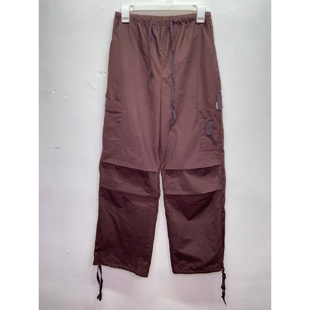 NVFelix Brown Cotton Cargo Parachute Pants Women XS Wide Leg Drawstring Utility